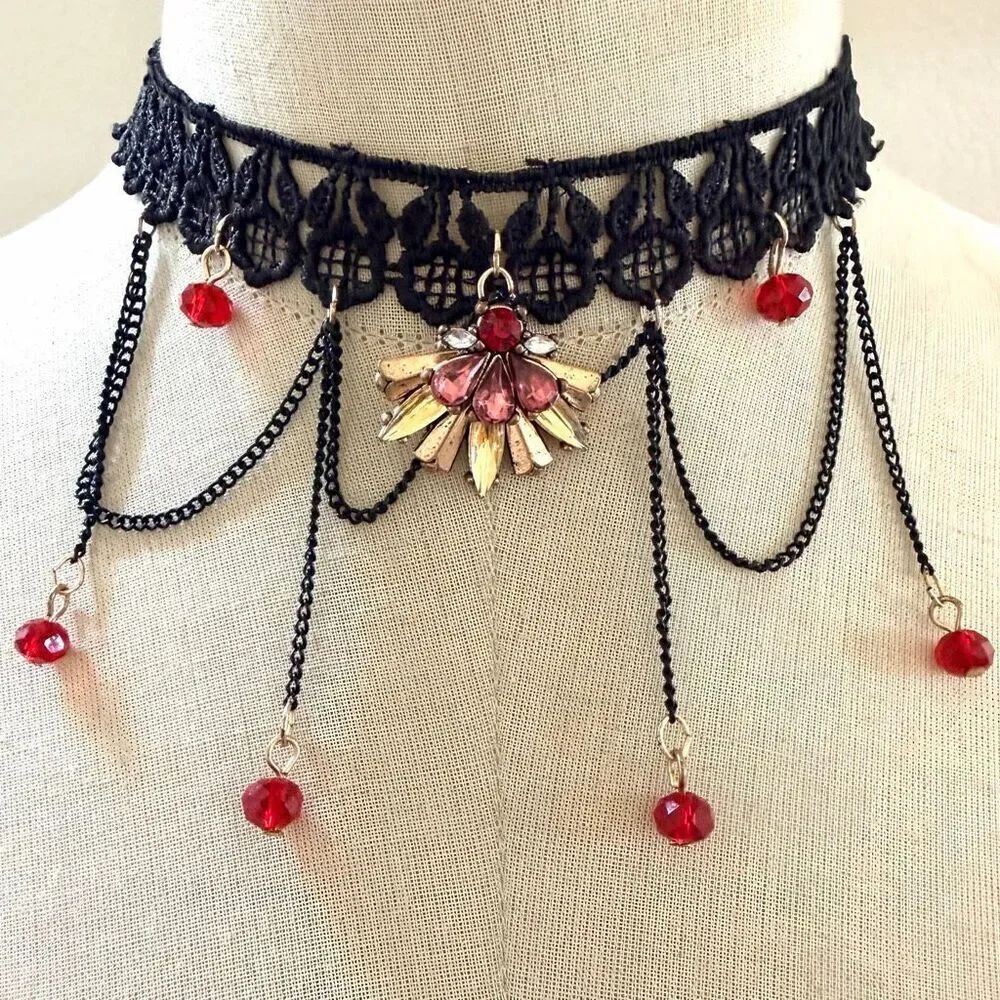 Black Lace Choker Necklace with Chain Drapes & Red Crystal Drops